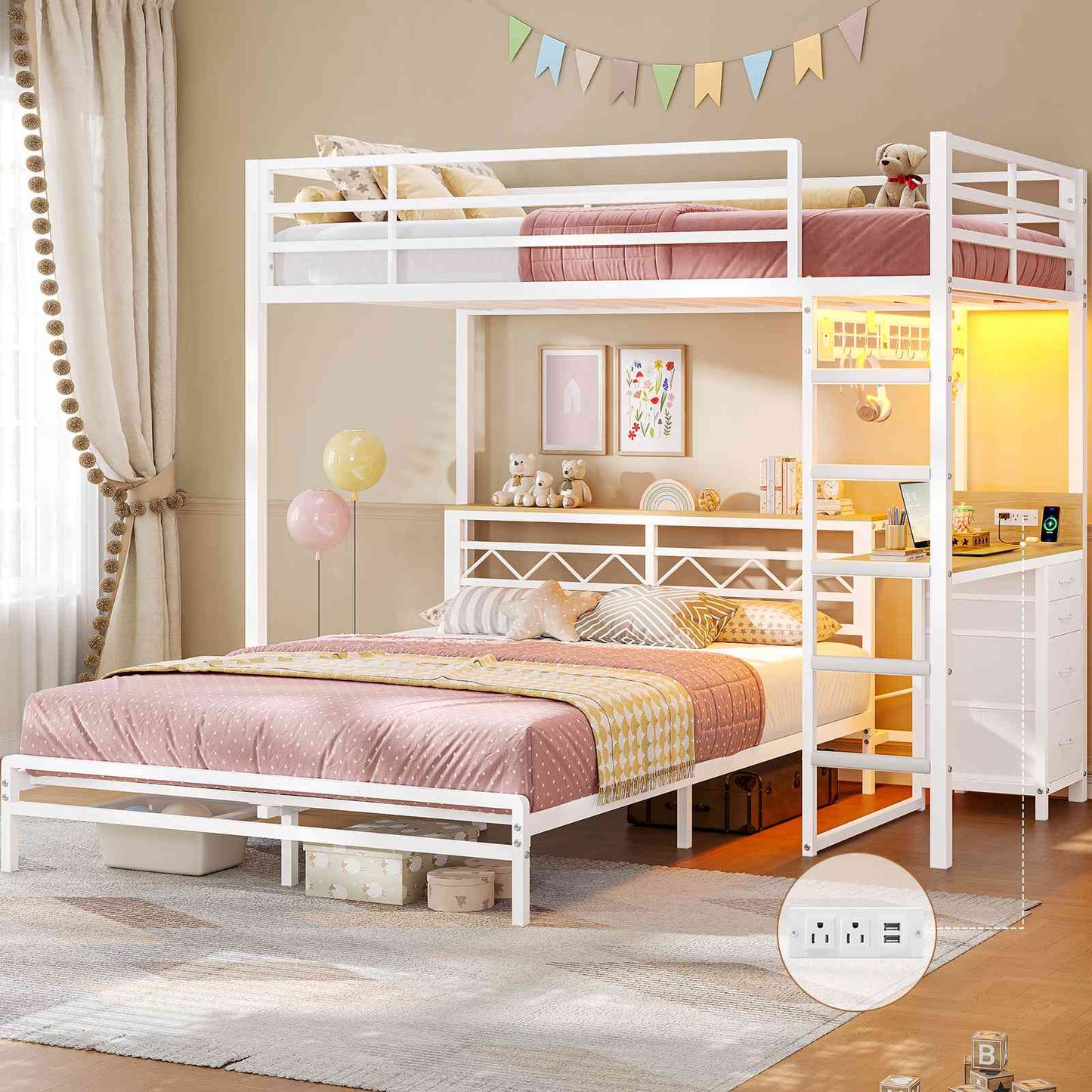 DICTAC | Bunk Bed with Desk & Charging Station, LED Lights, 4 Drawers & Storage Headboard, Metal L-Shaped Bunk Bed for Kids & Teens (Black/White)