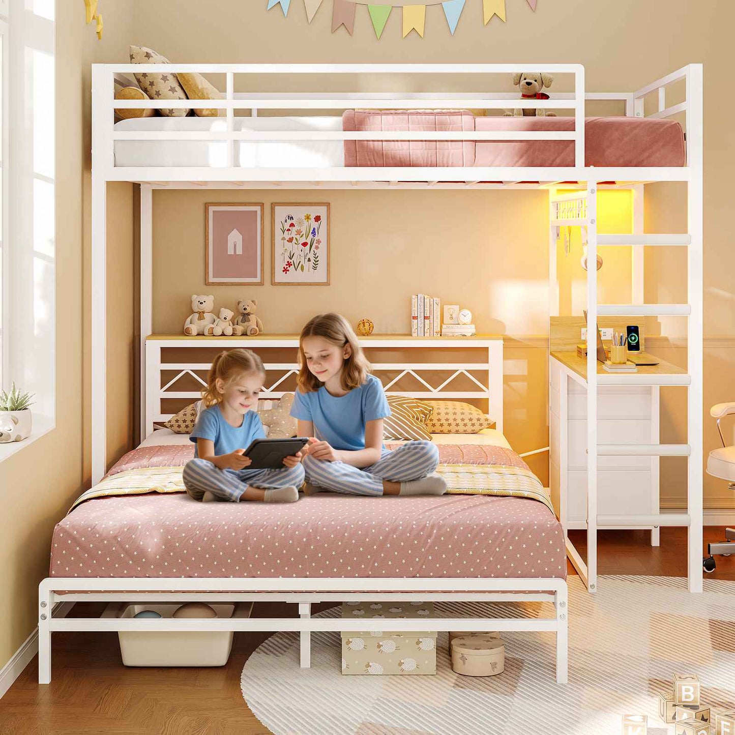 DICTAC | Bunk Bed with Desk & Charging Station, LED Lights, 4 Drawers & Storage Headboard, Metal L-Shaped Bunk Bed for Kids & Teens (Black/White)