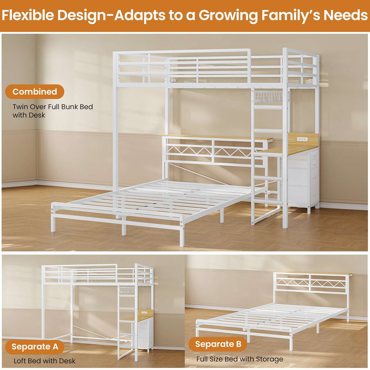 DICTAC | Bunk Bed with Desk & Charging Station, LED Lights, 4 Drawers & Storage Headboard, Metal L-Shaped Bunk Bed for Kids & Teens (Black/White)
