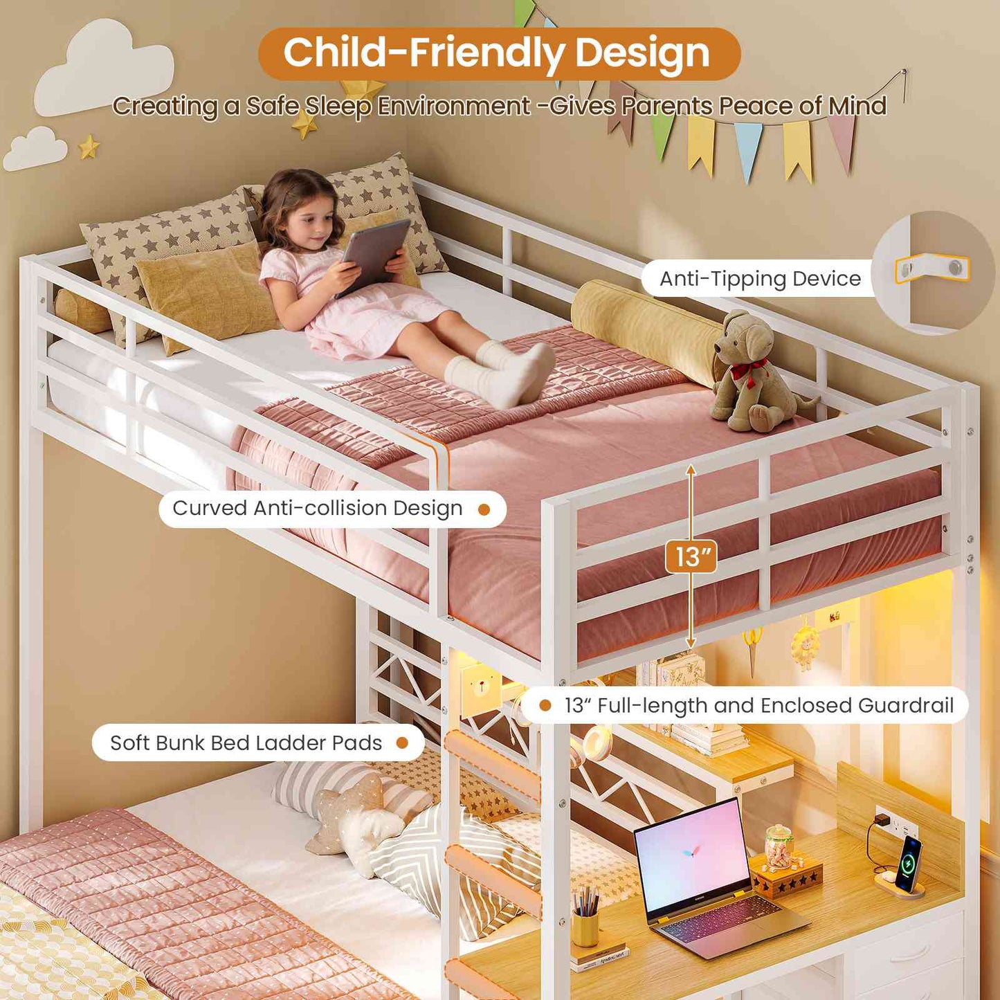 DICTAC | Bunk Bed with Desk & Charging Station, LED Lights, 4 Drawers & Storage Headboard, Metal L-Shaped Bunk Bed for Kids & Teens (Black/White)