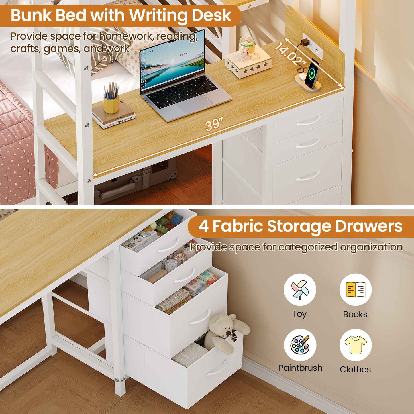 DICTAC | Bunk Bed with Desk & Charging Station, LED Lights, 4 Drawers & Storage Headboard, Metal L-Shaped Bunk Bed for Kids & Teens (Black/White)