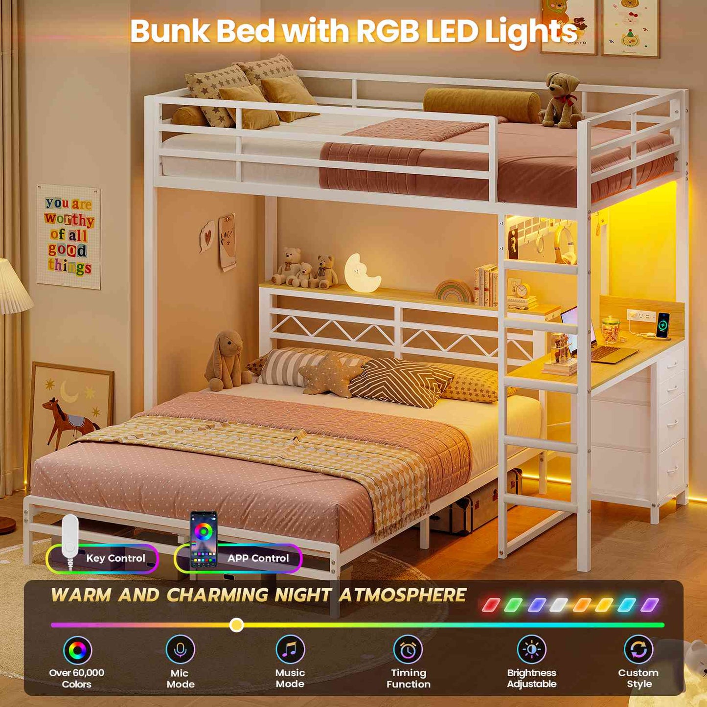 DICTAC | Bunk Bed with Desk & Charging Station, LED Lights, 4 Drawers & Storage Headboard, Metal L-Shaped Bunk Bed for Kids & Teens (Black/White)