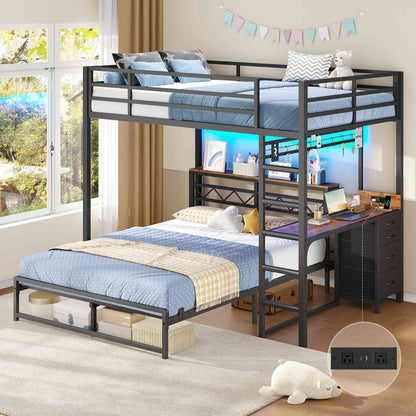 DICTAC | Bunk Bed with Desk & Charging Station, LED Lights, 4 Drawers & Storage Headboard, Metal L-Shaped Bunk Bed for Kids & Teens (Black/White)