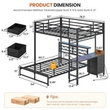 DICTAC | Bunk Bed with Desk & Charging Station, LED Lights, 4 Drawers & Storage Headboard, Metal L-Shaped Bunk Bed for Kids & Teens (Black/White)