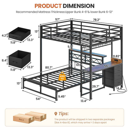 DICTAC | Bunk Bed with Desk & Charging Station, LED Lights, 4 Drawers & Storage Headboard, Metal L-Shaped Bunk Bed for Kids & Teens (Black/White)