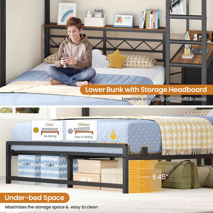 DICTAC | Bunk Bed with Desk & Charging Station, LED Lights, 4 Drawers & Storage Headboard, Metal L-Shaped Bunk Bed for Kids & Teens (Black/White)