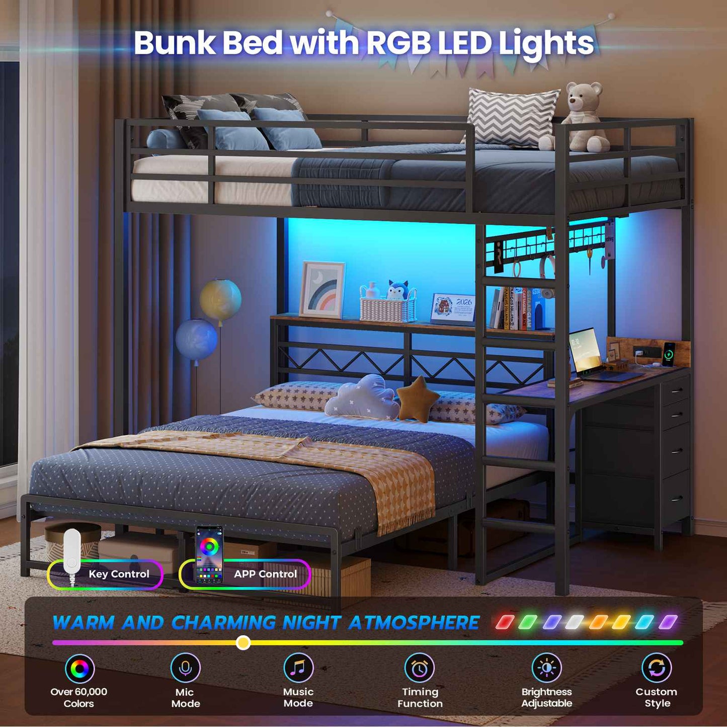 DICTAC | Bunk Bed with Desk & Charging Station, LED Lights, 4 Drawers & Storage Headboard, Metal L-Shaped Bunk Bed for Kids & Teens (Black/White)