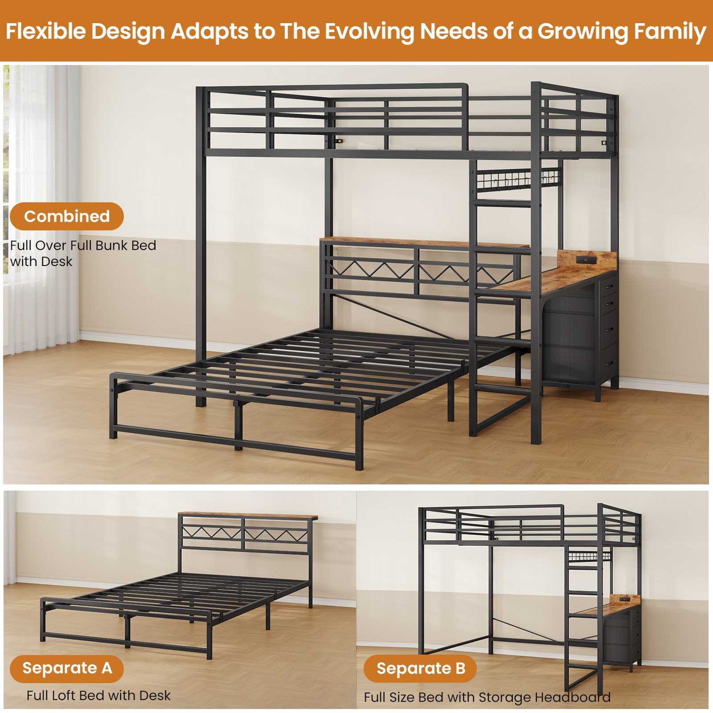 DICTAC | Bunk Bed with Desk & Charging Station, LED Lights, 4 Drawers & Storage Headboard, Metal L-Shaped Bunk Bed for Kids & Teens (Black/White)