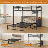DICTAC | Bunk Bed with Desk & Charging Station, LED Lights, 4 Drawers & Storage Headboard, Metal L-Shaped Bunk Bed for Kids & Teens (Black/White)