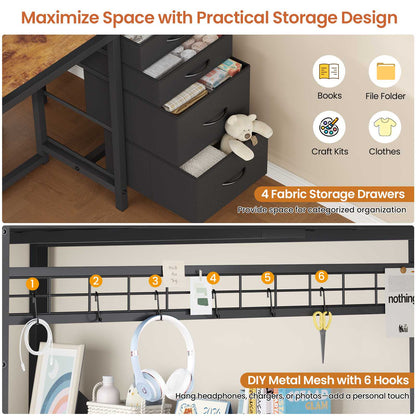 DICTAC | Bunk Bed with Desk & Charging Station, LED Lights, 4 Drawers & Storage Headboard, Metal L-Shaped Bunk Bed for Kids & Teens (Black/White)