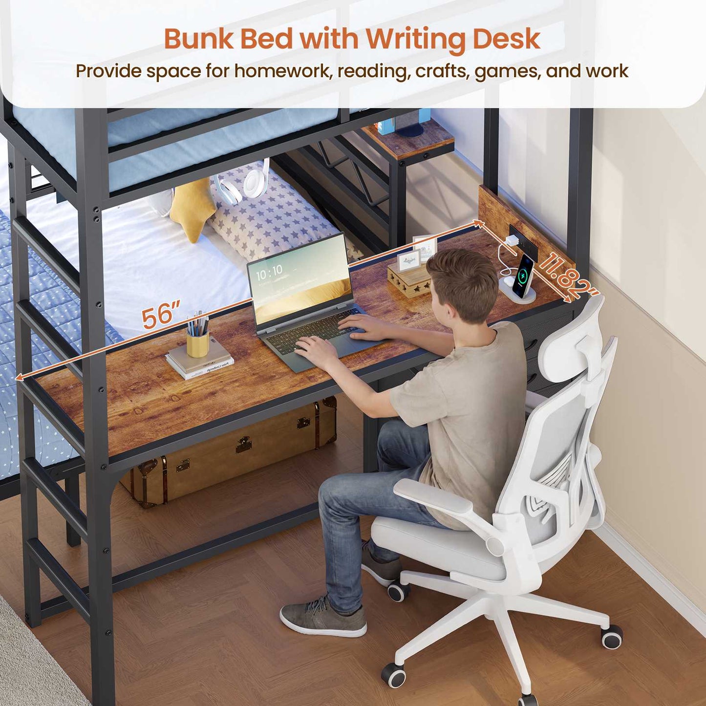 DICTAC | Bunk Bed with Desk & Charging Station, LED Lights, 4 Drawers & Storage Headboard, Metal L-Shaped Bunk Bed for Kids & Teens (Black/White)
