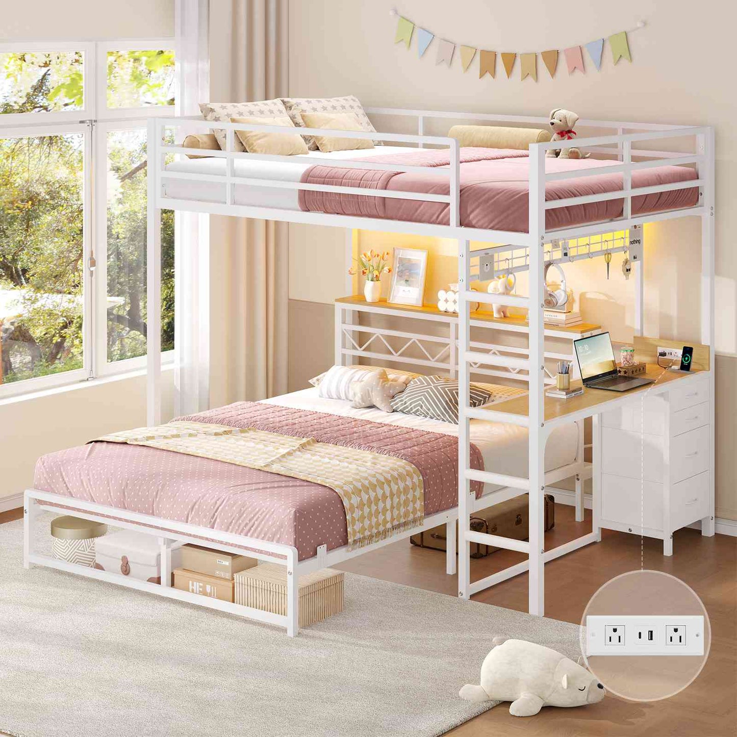 DICTAC | Bunk Bed with Desk & Charging Station, LED Lights, 4 Drawers & Storage Headboard, Metal L-Shaped Bunk Bed for Kids & Teens (Black/White)