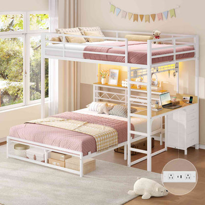DICTAC | Bunk Bed with Desk & Charging Station, LED Lights, 4 Drawers & Storage Headboard, Metal L-Shaped Bunk Bed for Kids & Teens (Black/White)