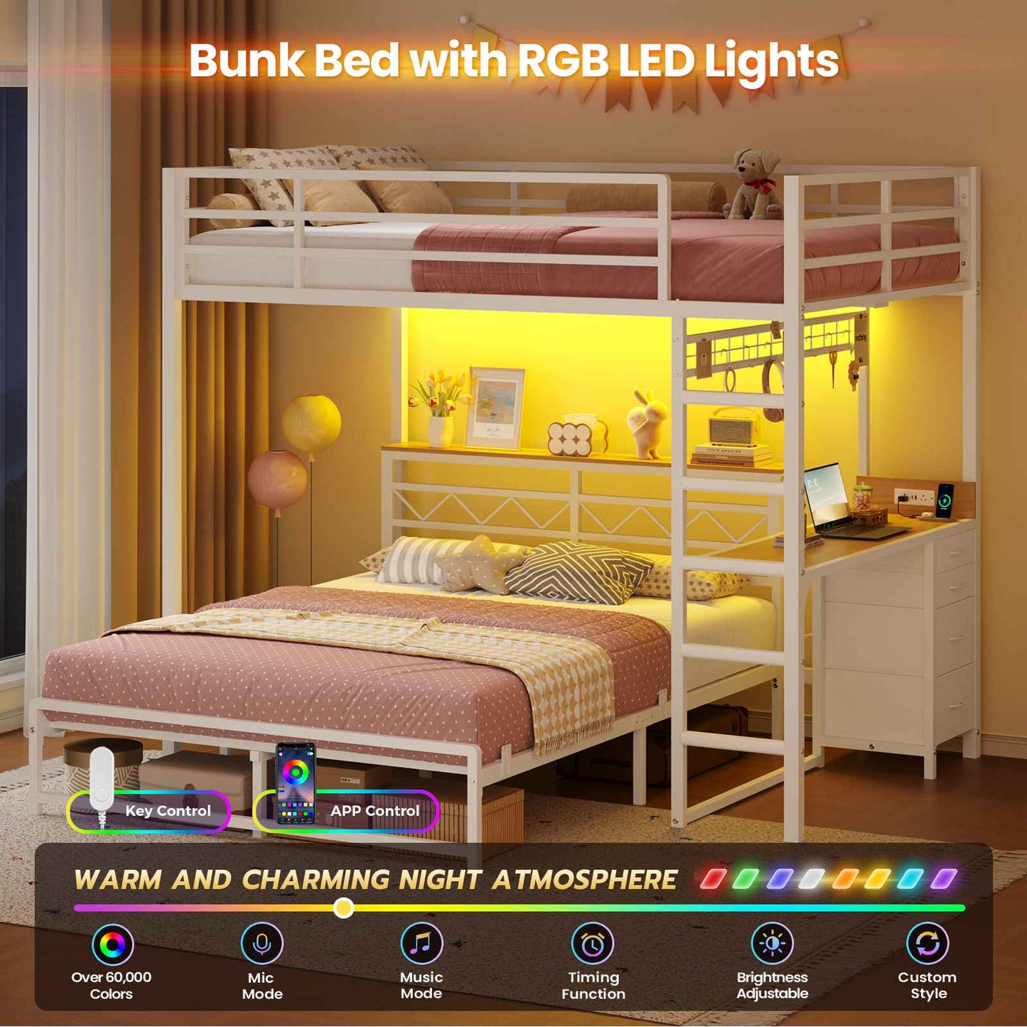 DICTAC | Bunk Bed with Desk & Charging Station, LED Lights, 4 Drawers & Storage Headboard, Metal L-Shaped Bunk Bed for Kids & Teens (Black/White)