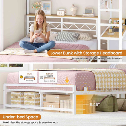 DICTAC | Bunk Bed with Desk & Charging Station, LED Lights, 4 Drawers & Storage Headboard, Metal L-Shaped Bunk Bed for Kids & Teens (Black/White)
