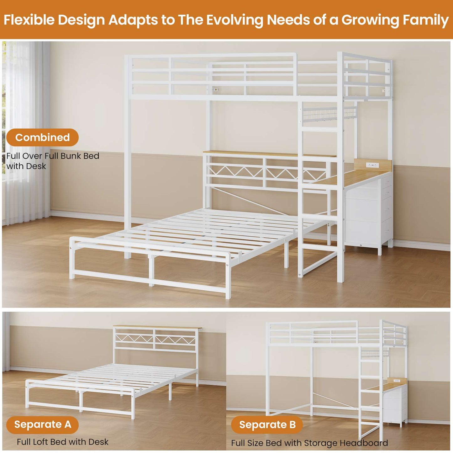 DICTAC | Bunk Bed with Desk & Charging Station, LED Lights, 4 Drawers & Storage Headboard, Metal L-Shaped Bunk Bed for Kids & Teens (Black/White)