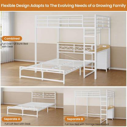 DICTAC | Bunk Bed with Desk & Charging Station, LED Lights, 4 Drawers & Storage Headboard, Metal L-Shaped Bunk Bed for Kids & Teens (Black/White)