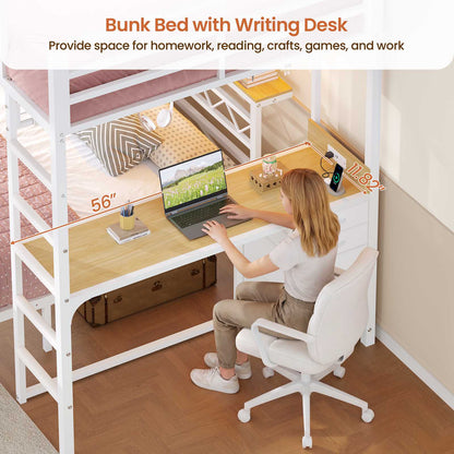 DICTAC | Bunk Bed with Desk & Charging Station, LED Lights, 4 Drawers & Storage Headboard, Metal L-Shaped Bunk Bed for Kids & Teens (Black/White)