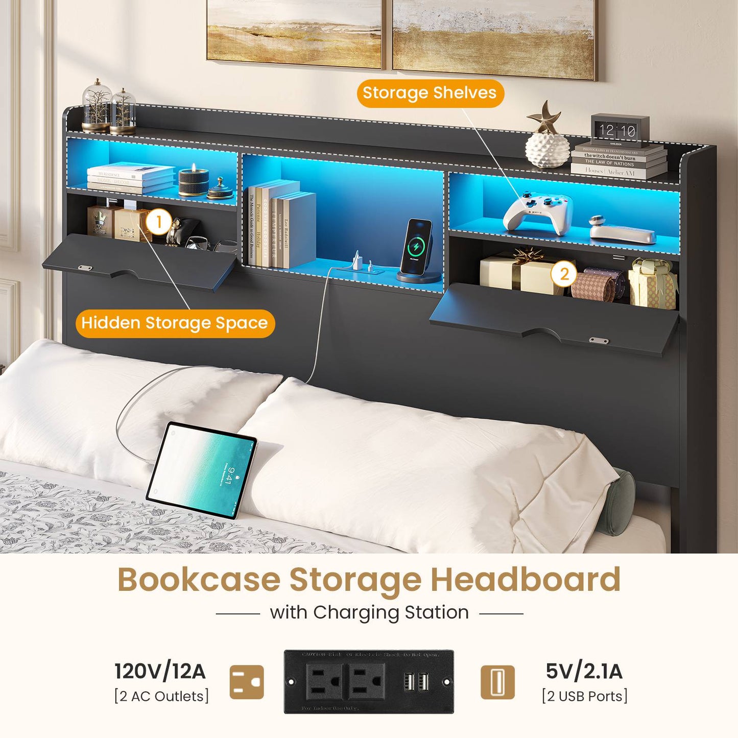 DICTAC | Platform Bed Frame with Storage Drawers, Bookcase Headboard, LED Lights & Charging Station (Queen/King/California King, Black)