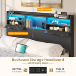 DICTAC | Platform Bed Frame with Storage Drawers, Bookcase Headboard, LED Lights & Charging Station (Queen/King/California King, Black)
