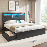 DICTAC | Platform Bed Frame with Storage Drawers, Bookcase Headboard, LED Lights & Charging Station (Queen/King/California King, Black)