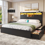 DICTAC | Platform Bed Frame with Storage Drawers, Bookcase Headboard, LED Lights & Charging Station (Queen/King/California King, Black)