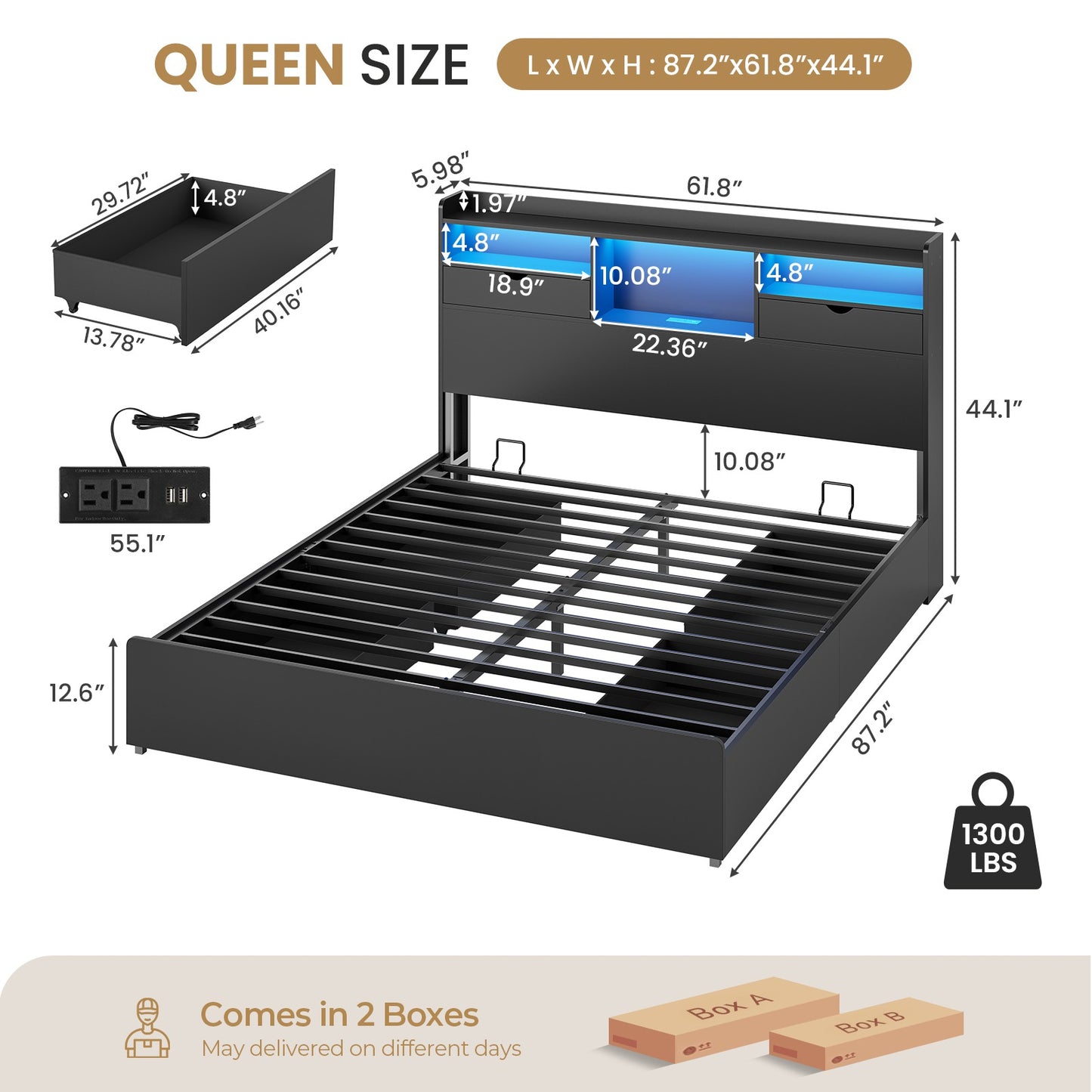 DICTAC | Platform Bed Frame with Storage Drawers, Bookcase Headboard, LED Lights & Charging Station (Queen/King/California King, Black)