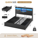 DICTAC | Platform Bed Frame with Storage Drawers, Bookcase Headboard, LED Lights & Charging Station (Queen/King/California King, Black)