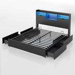 DICTAC | Platform Bed Frame with Storage Drawers, Bookcase Headboard, LED Lights & Charging Station (Queen/King/California King, Black)