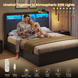 DICTAC | Platform Bed Frame with Storage Drawers, Bookcase Headboard, LED Lights & Charging Station (Queen/King/California King, Black)