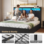 DICTAC | Platform Bed Frame with Storage Drawers, Bookcase Headboard, LED Lights & Charging Station (Queen/King/California King, Black)
