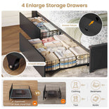 DICTAC | Bed Frame with LED Lights & Charging Station, Hidden Headboard Storage, 4 Drawers