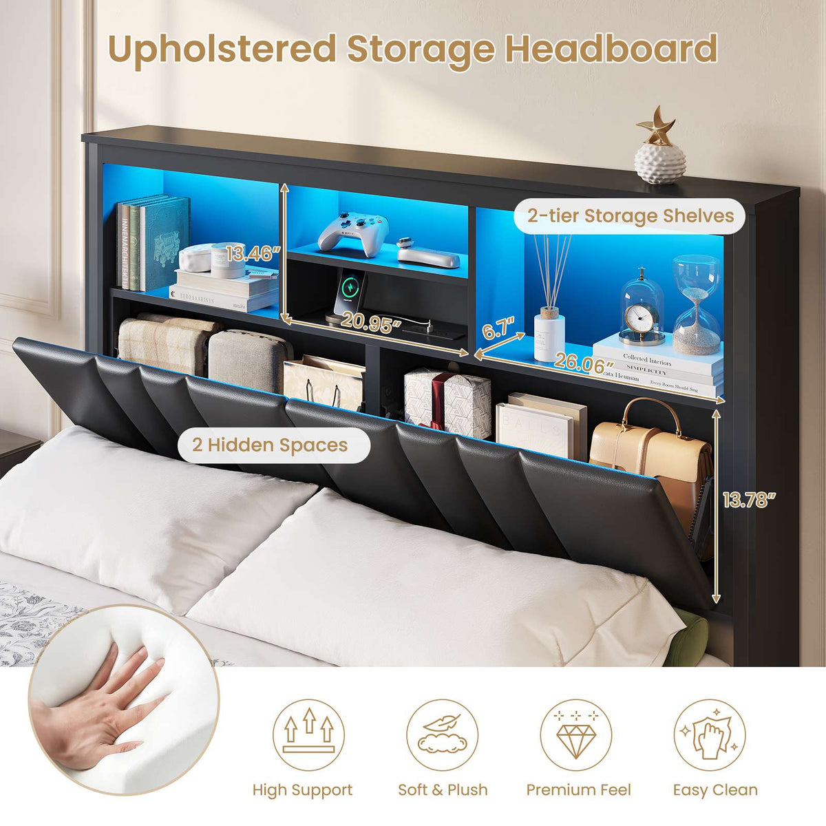 DICTAC | Bed Frame with LED Lights & Charging Station, Hidden Headboard Storage, 4 Drawers