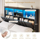 DICTAC | Bed Frame with LED Lights & Charging Station, Hidden Headboard Storage, 4 Drawers
