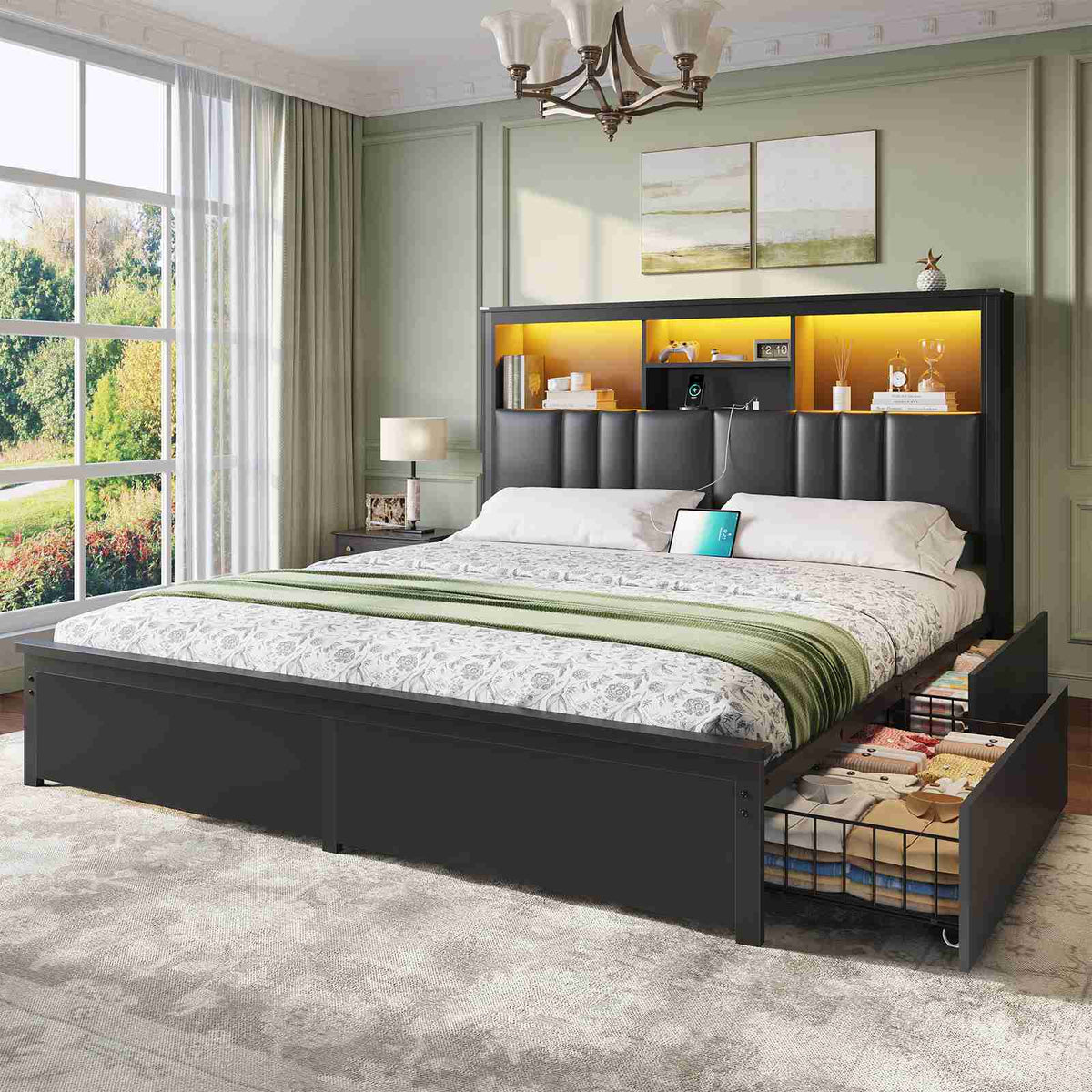 DICTAC | Bed Frame with LED Lights & Charging Station, Hidden Headboard Storage, 4 Drawers