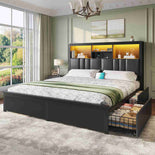 DICTAC | Bed Frame with LED Lights & Charging Station, Hidden Headboard Storage, 4 Drawers
