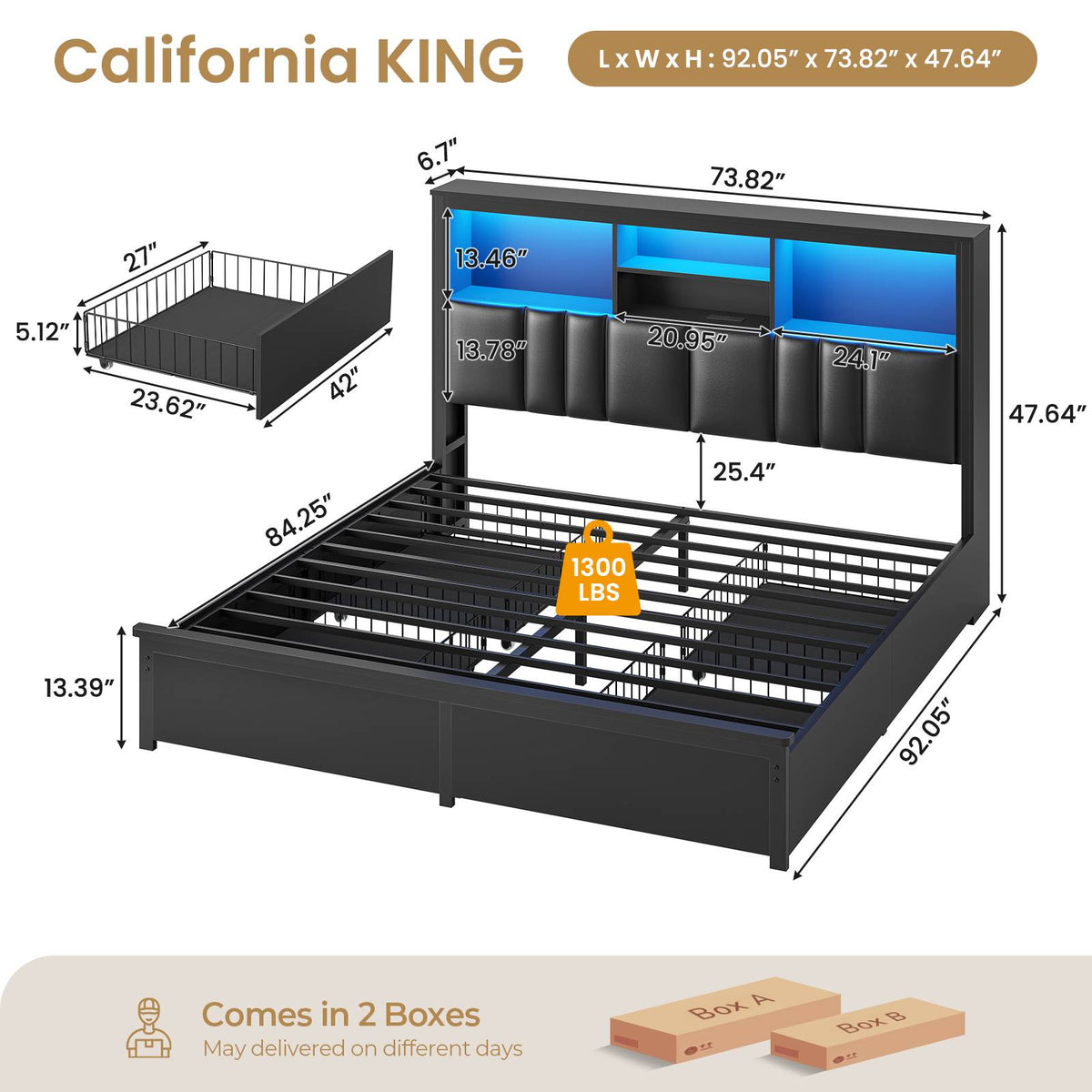 DICTAC | Bed Frame with LED Lights & Charging Station, Hidden Headboard Storage, 4 Drawers