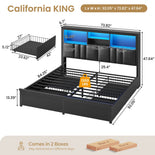 DICTAC | Bed Frame with LED Lights & Charging Station, Hidden Headboard Storage, 4 Drawers