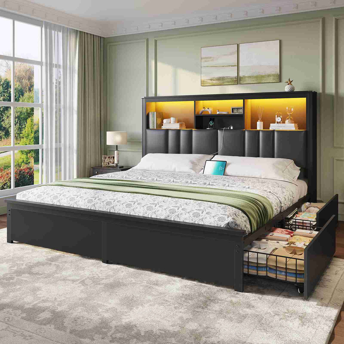 DICTAC | Bed Frame with LED Lights & Charging Station, Hidden Headboard Storage, 4 Drawers