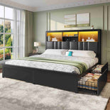 DICTAC | Bed Frame with LED Lights & Charging Station, Hidden Headboard Storage, 4 Drawers