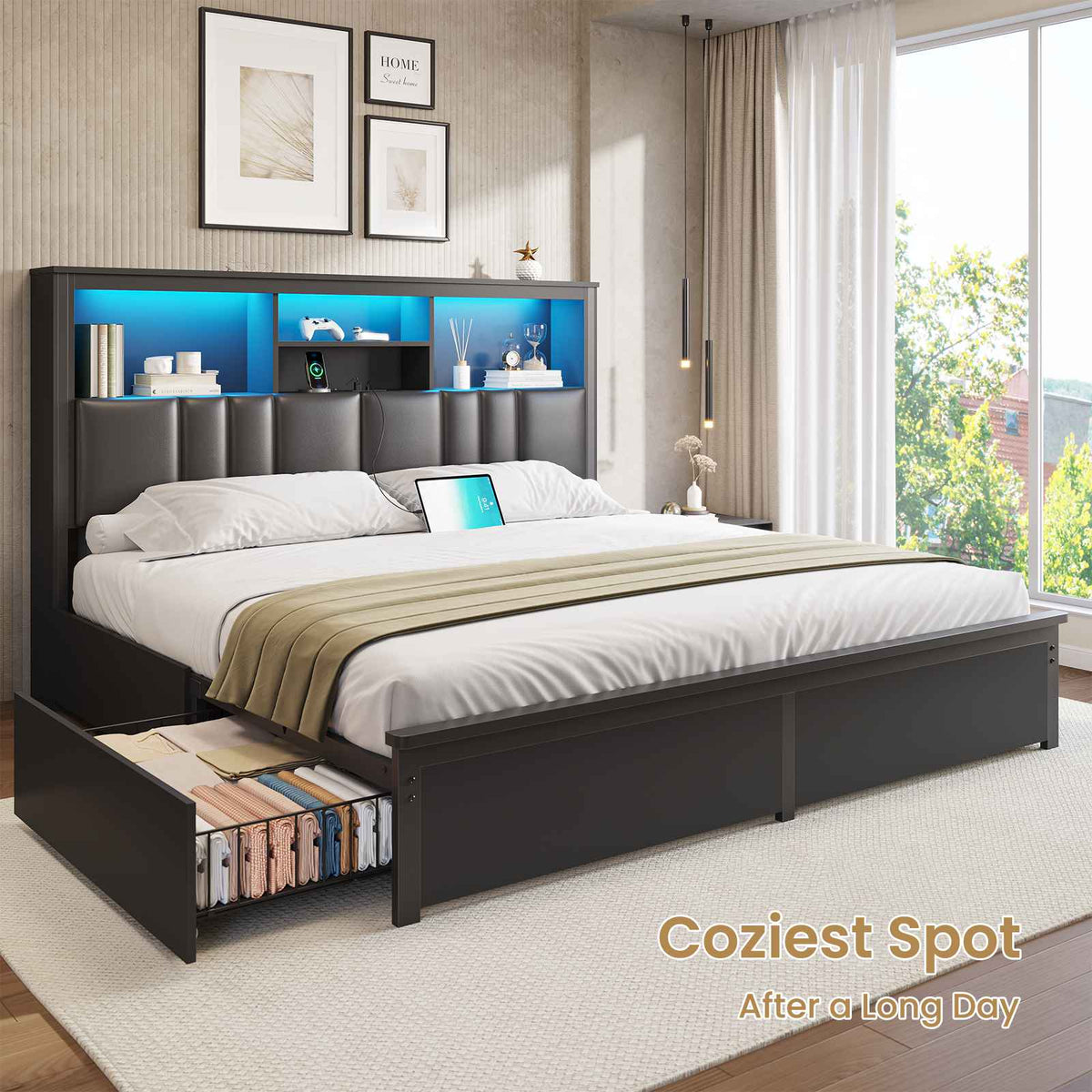 DICTAC | Bed Frame with LED Lights & Charging Station, Hidden Headboard Storage, 4 Drawers