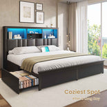 DICTAC | Bed Frame with LED Lights & Charging Station, Hidden Headboard Storage, 4 Drawers