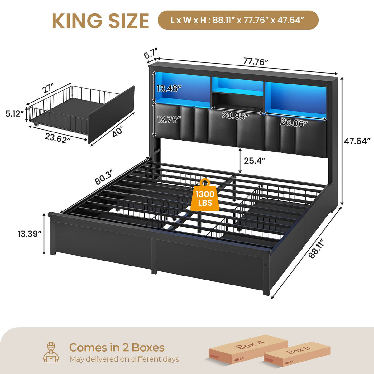 DICTAC | Bed Frame with LED Lights & Charging Station, Hidden Headboard Storage, 4 Drawers