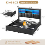 DICTAC | Bed Frame with LED Lights & Charging Station, Hidden Headboard Storage, 4 Drawers