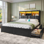 DICTAC | Bed Frame with LED Lights & Charging Station, Hidden Headboard Storage, 4 Drawers