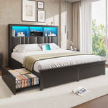 DICTAC | Bed Frame with LED Lights & Charging Station, Hidden Headboard Storage, 4 Drawers