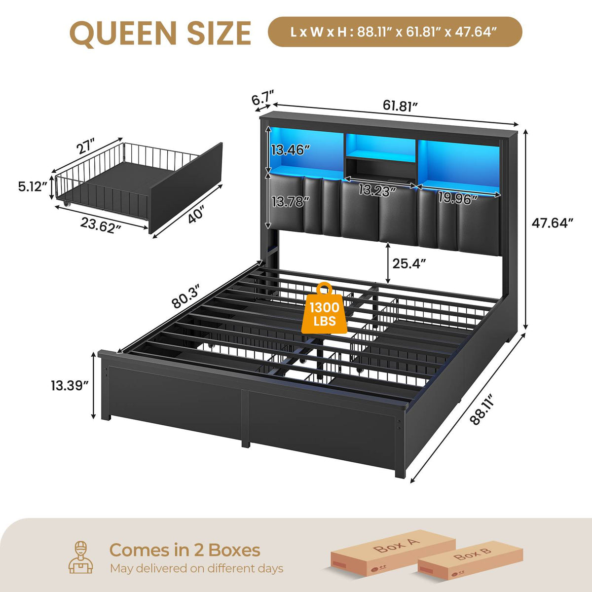 DICTAC | Bed Frame with LED Lights & Charging Station, Hidden Headboard Storage, 4 Drawers