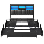 DICTAC | Bed Frame with LED Lights & Charging Station, Hidden Headboard Storage, 4 Drawers