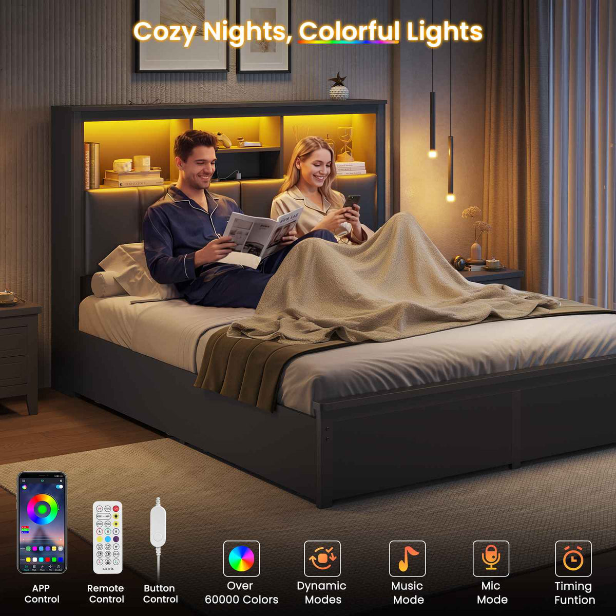 DICTAC | Bed Frame with LED Lights & Charging Station, Hidden Headboard Storage, 4 Drawers