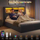 DICTAC | Bed Frame with LED Lights & Charging Station, Hidden Headboard Storage, 4 Drawers